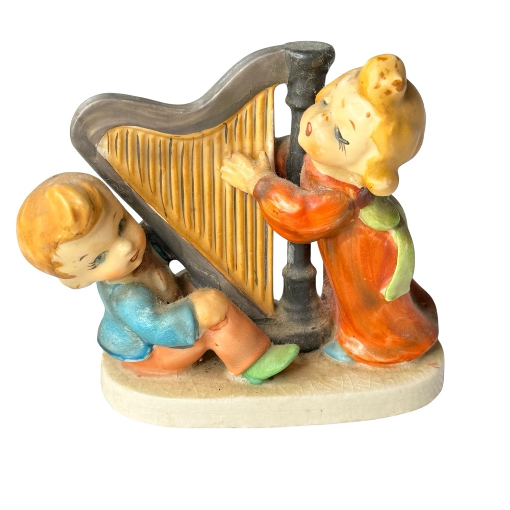Vintage Ucagco Ceramic Figurine Children Playing Harp Japan Mid Century Decor